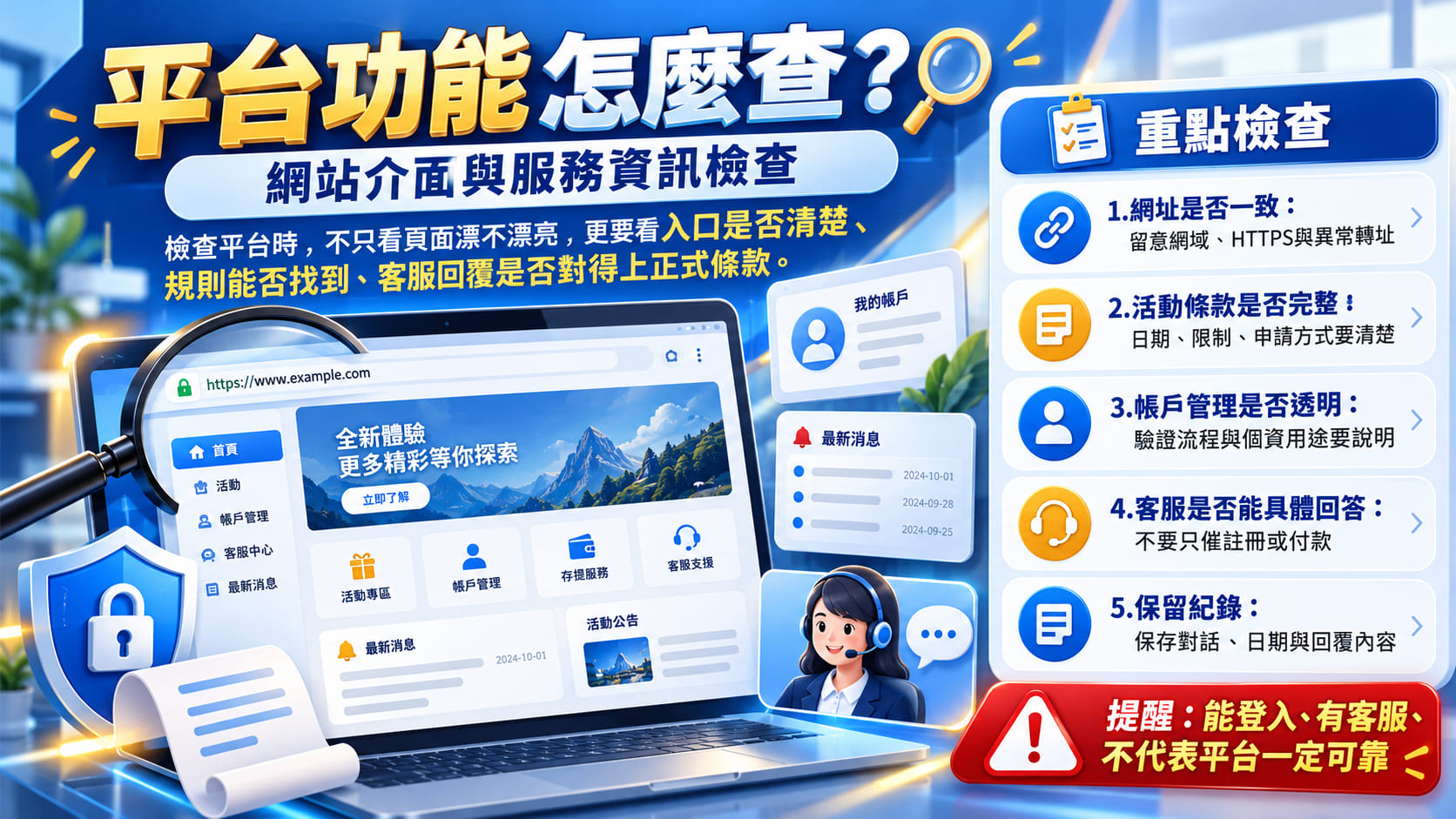 網路評價不能取代實際查證。從網址、個資保護到資金規則逐一確認,才能更理性地判斷潛在風險。